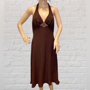 Jones Wear Dress Brown Fully Lined Halter Style Flowy Midi Dress Size 12 EUC